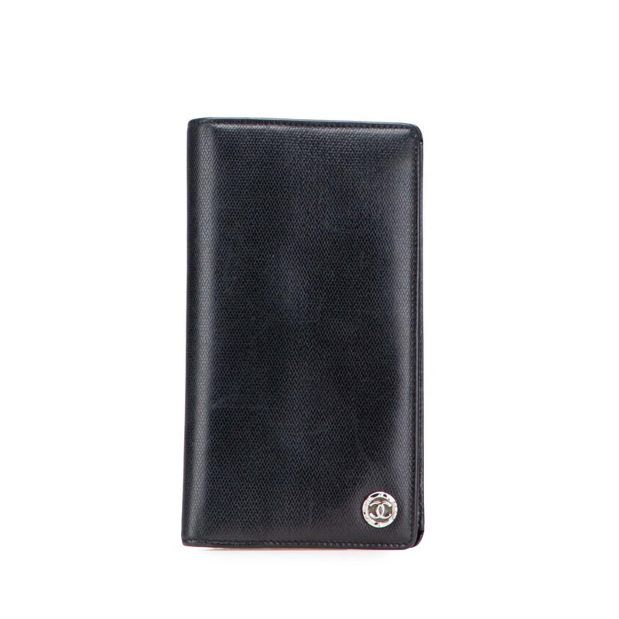 Chanel Coco Button Long Wallet Black Leather Women's Chanel